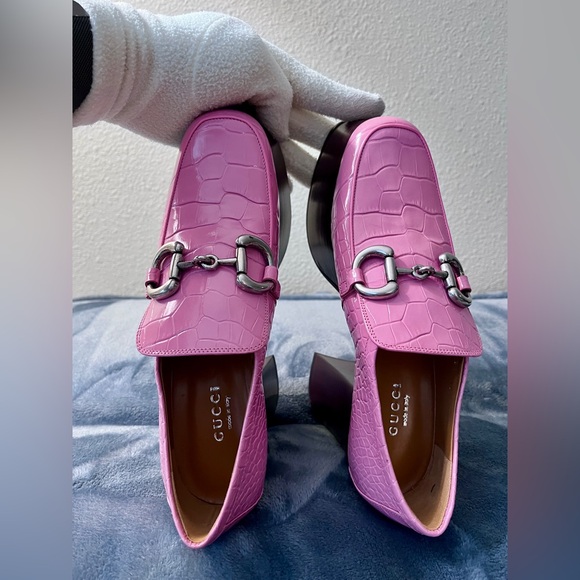 NWT Gucci Leather Pink Crocodile Horsebit Platform Loafers Size 36.5 (US 6.5) - Picture 5 of 7